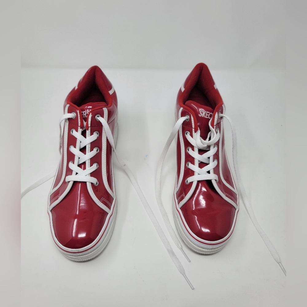 Skechers Heartbeats Loud Sneakers Women 9.5 Shiny Red White Y2K Chunky Heel - Picture 4 of 8